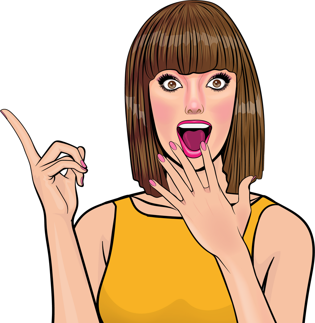 Pretty woman short hair wondering shocked, surprised happy Pop Art Comic Style